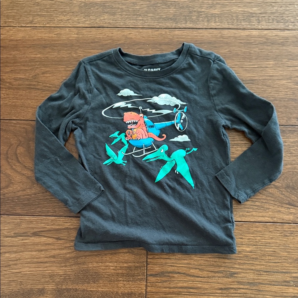 Old Navy Black Long Sleeve Tee with Dinosaur and Helicopter